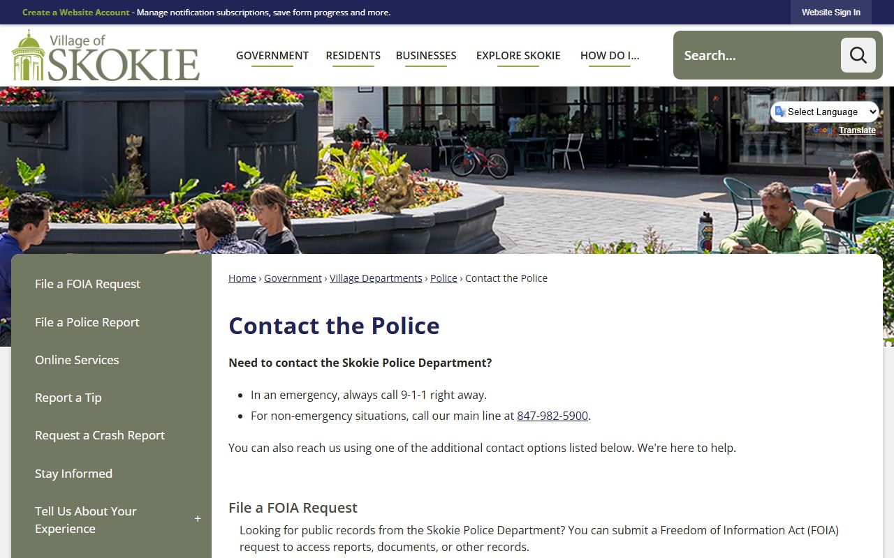 Skokie Police contact page for 24 hour booking inquiries