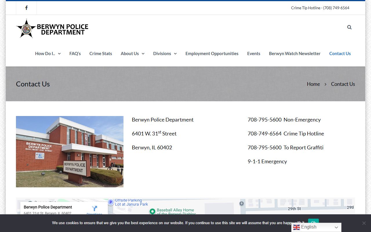 Berwyn Police contact page for 24 hour booking inquiries