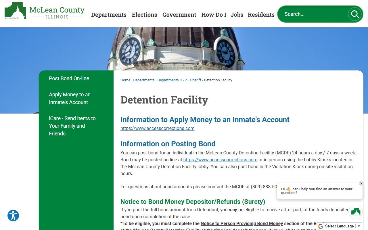 McLean County Detention Facility page for Normal booking records