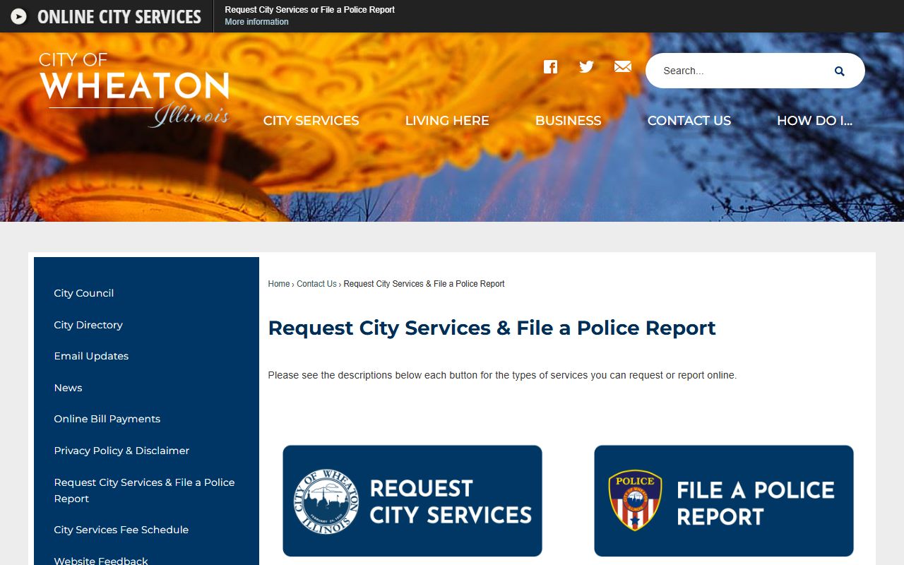 Wheaton city services page for police reports and 24 hour booking