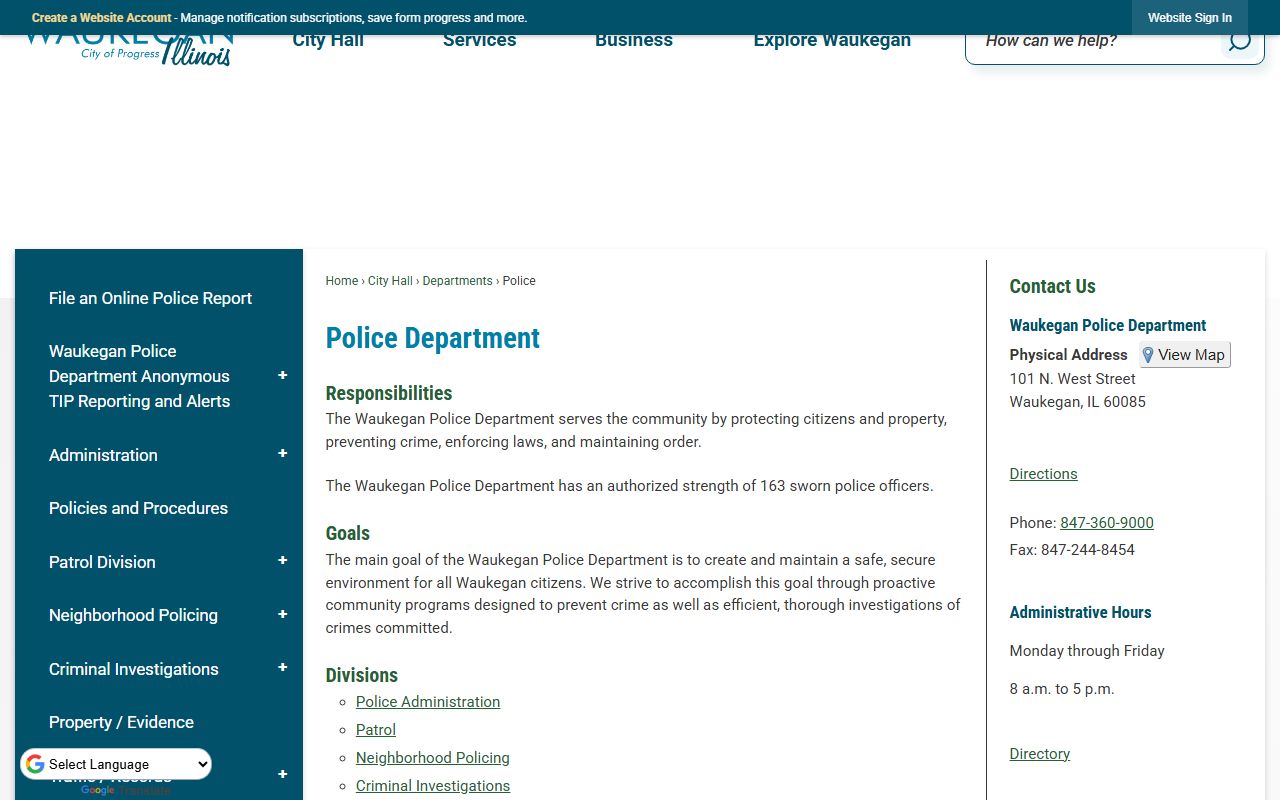 Waukegan Police Department page for booking record searches