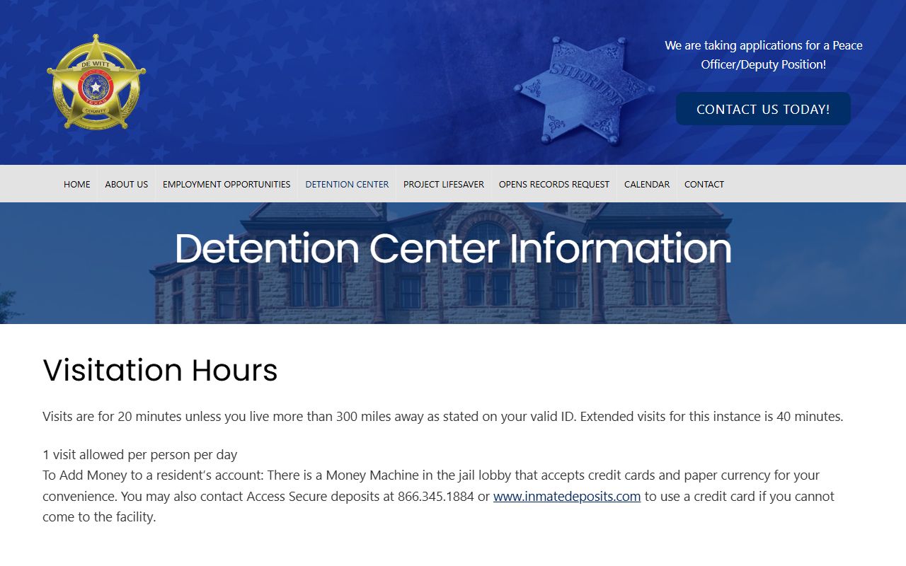 DeWitt County detention center information for booking inquiries