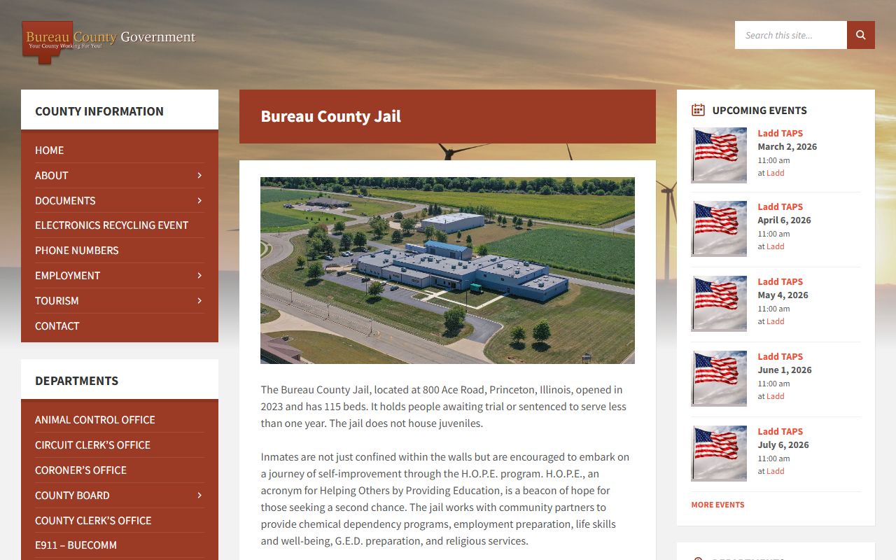 Bureau County Jail details page for booking and inmate services
