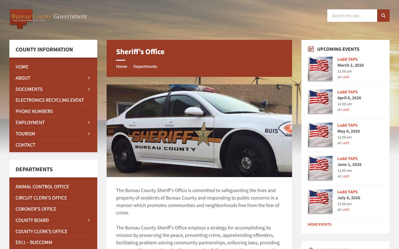 Bureau County Sheriff's Office page for 24 hour booking information