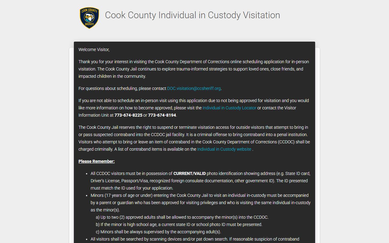 Cook County video visitation portal related to booking services