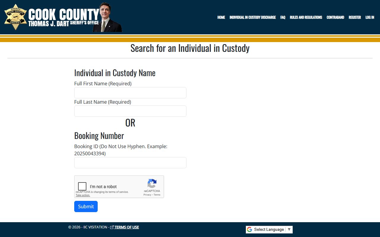 Cook County inmate locator search portal for 24 hour booking lookups