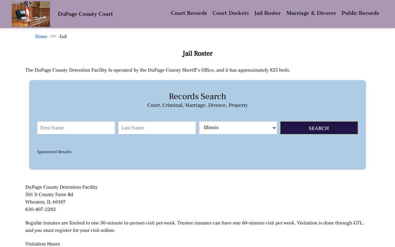 DuPage County jail roster page for 24 hour booking lookups