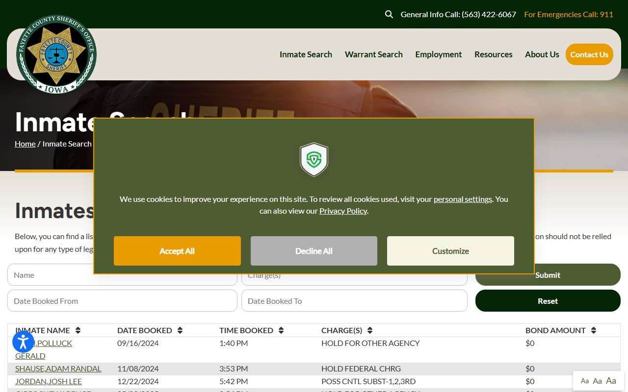 Fayette County inmate search tool for 24 hour booking lookups