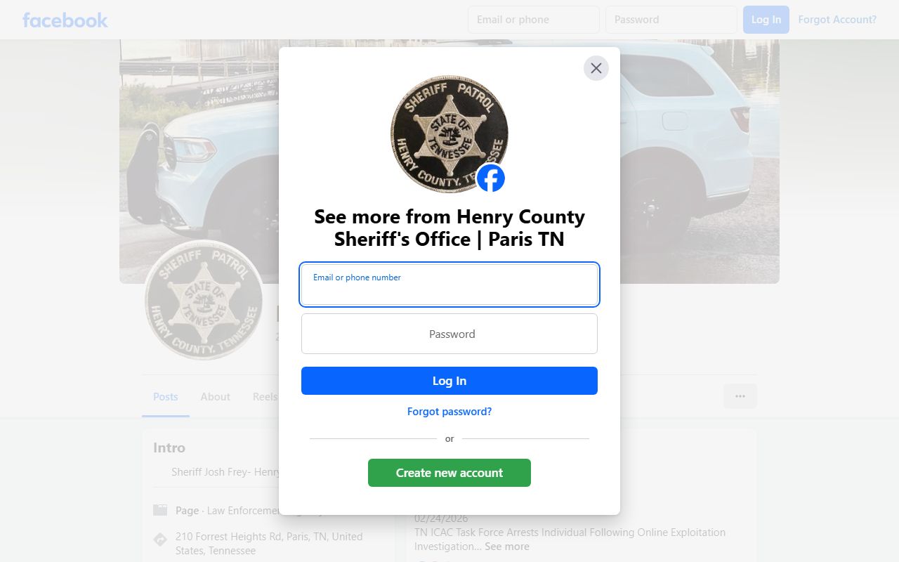 Henry County Sheriff's Office Facebook page with booking updates