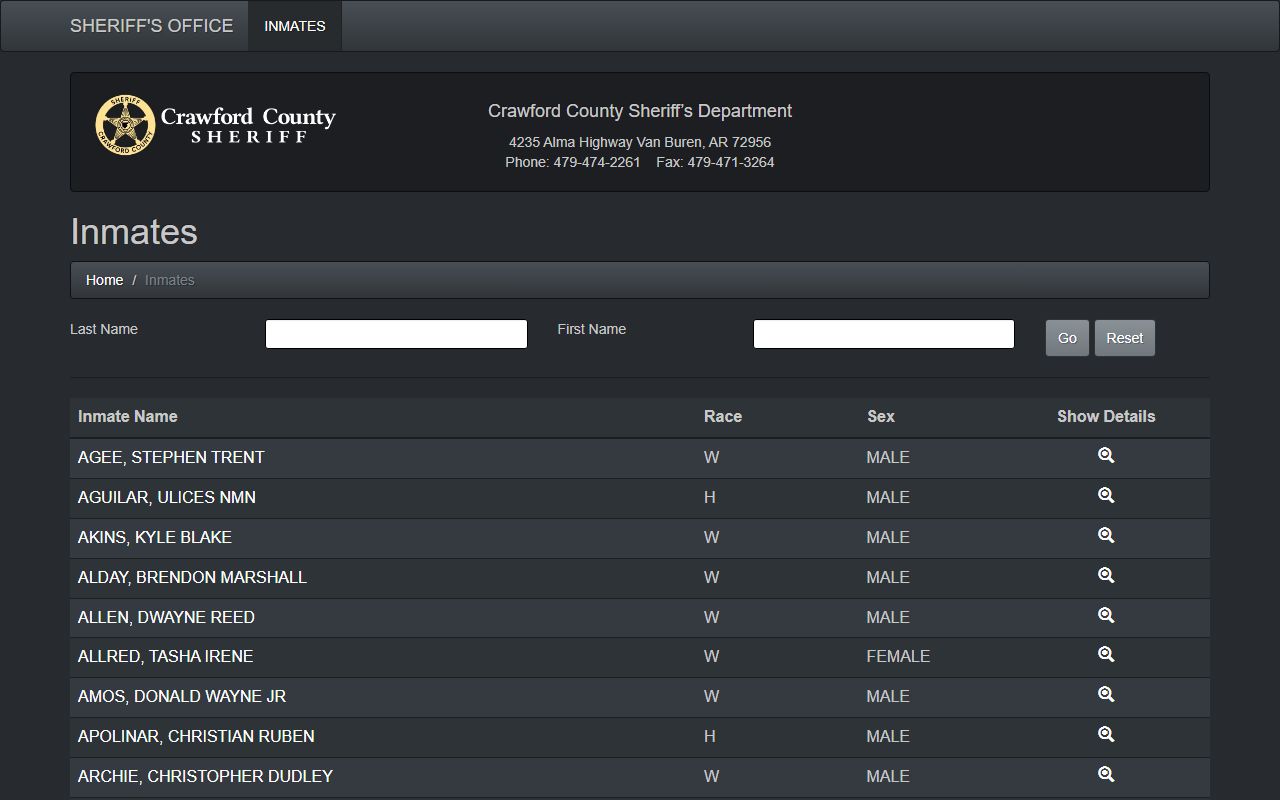Crawford County interactive jail roster database for 24 hour booking