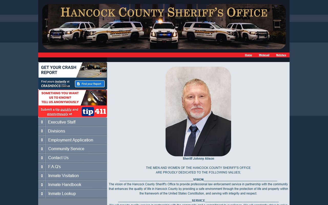 Hancock County Sheriff's Office homepage for booking record access