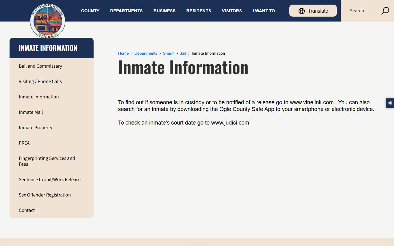 Ogle County inmate information page for 24 hour booking searches