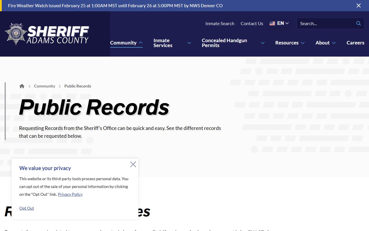 Adams County public records request page for 24 hour booking data