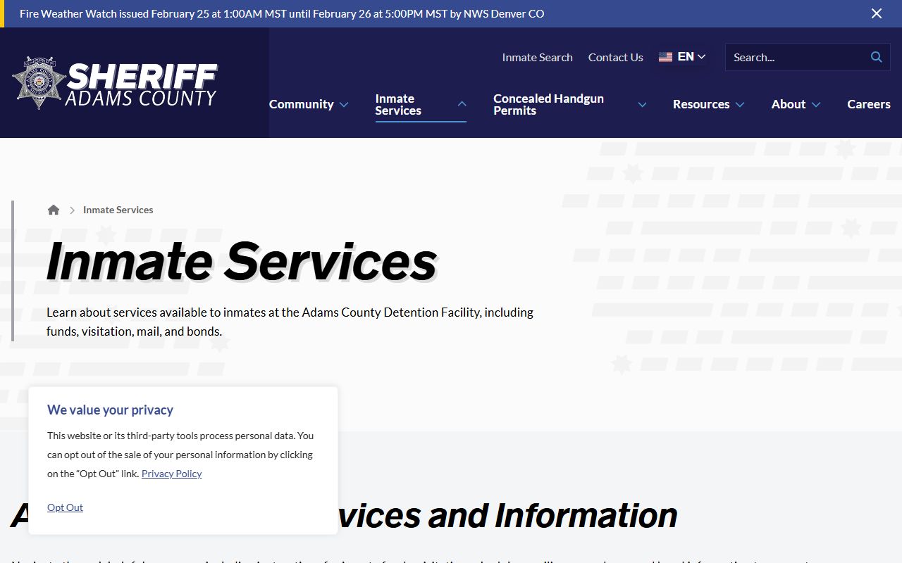 Adams County inmate services portal for booking related information