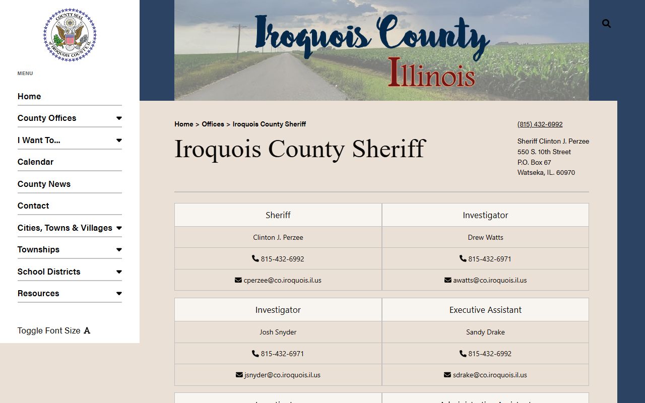 Iroquois County Sheriff's Office page for 24 hour booking information