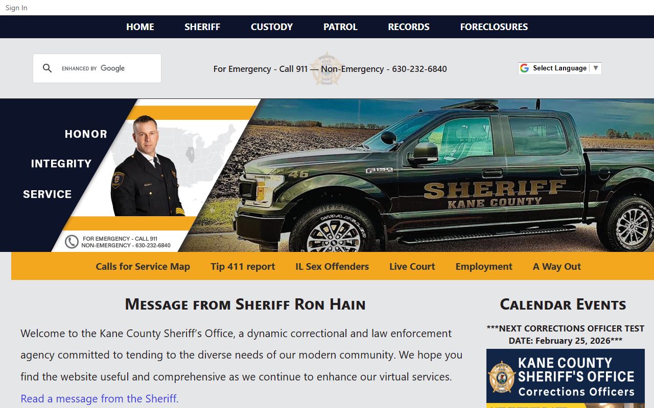 Kane County Sheriff's Office homepage for 24 hour booking records