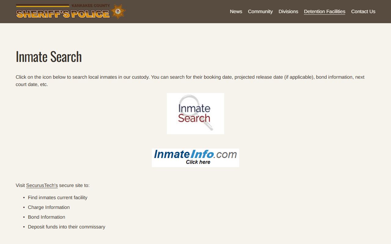 Kankakee County inmate search page for 24 hour booking lookups