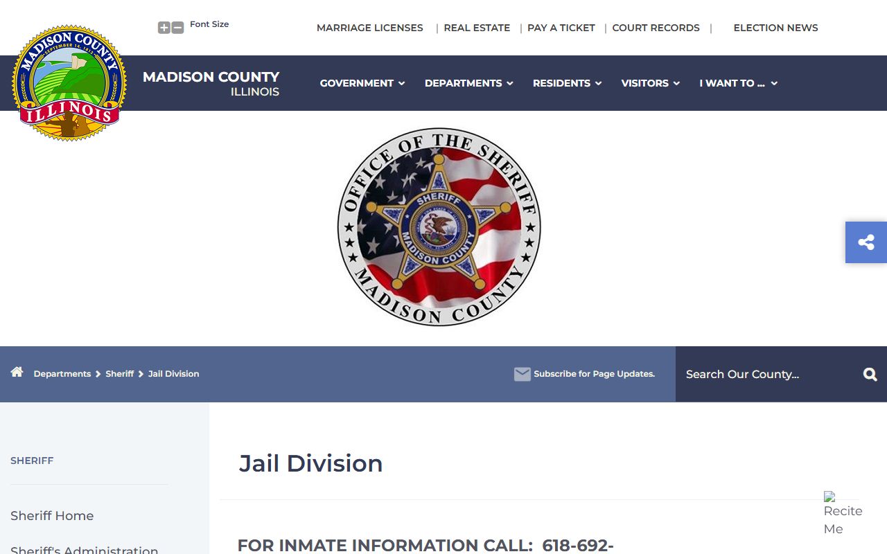 Madison County jail division page for 24 hour booking records