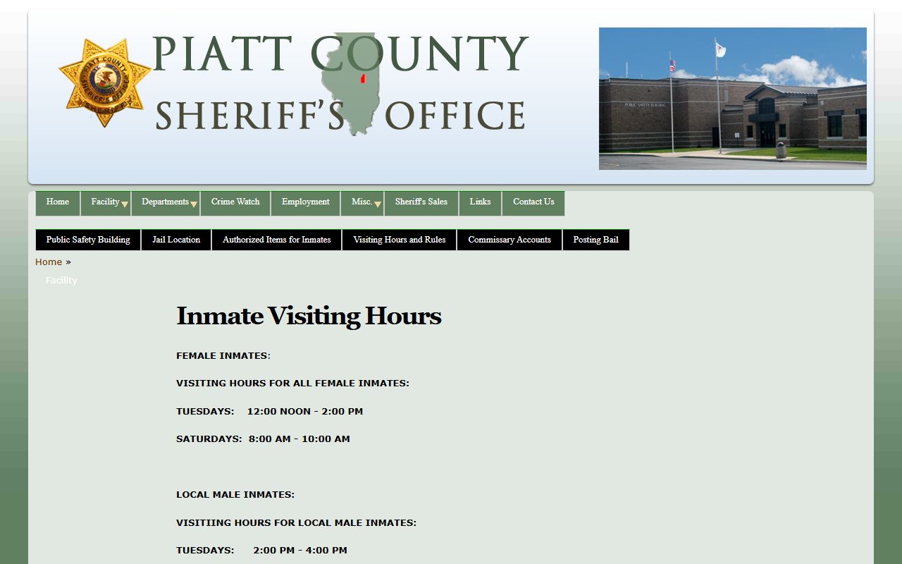 Piatt County Jail visiting hours schedule for inmates