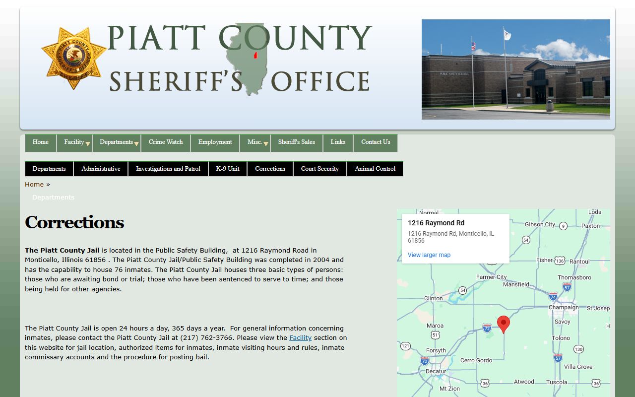 Piatt County Sheriff corrections page for 24 hour booking records