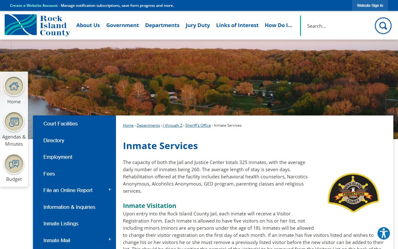 Rock Island County inmate services page for 24 hour booking inquiries