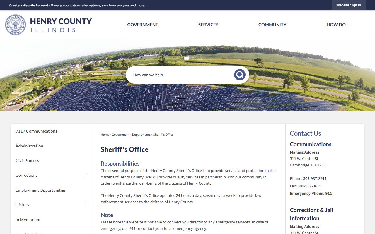 Henry County Sheriff's Office main page for 24 hour booking information