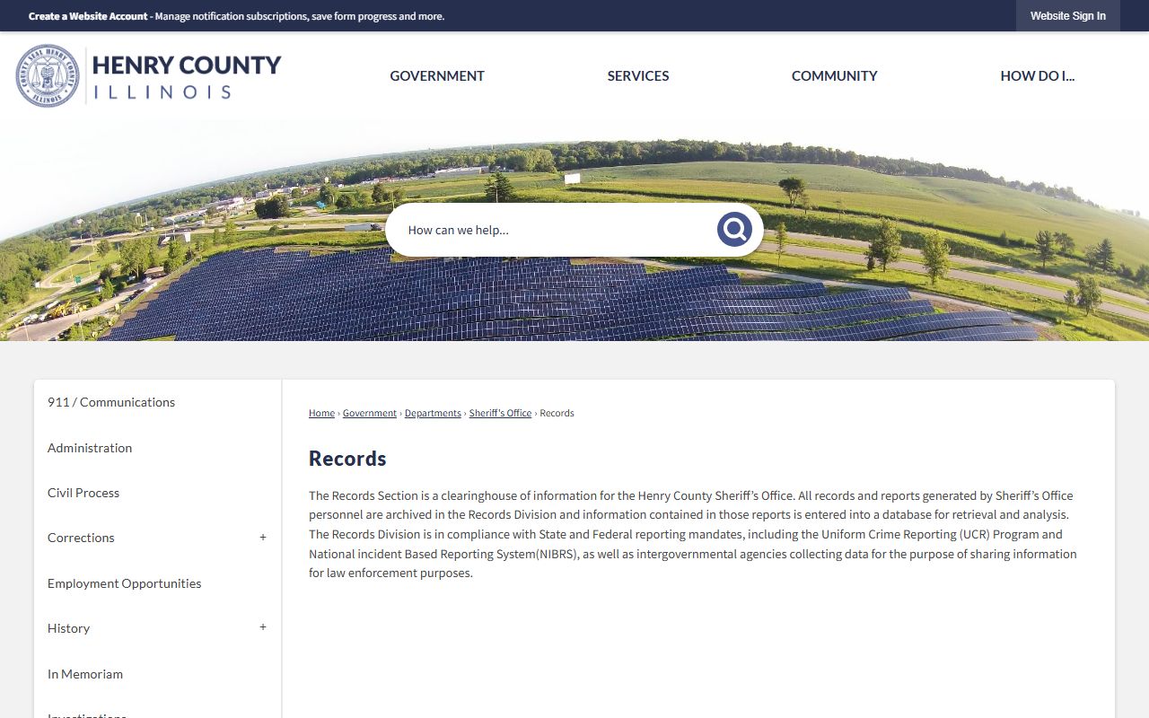 Henry County Records Section page for booking record requests