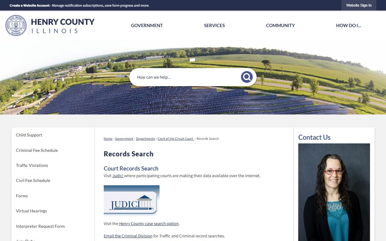 Henry County court records search page linked to Judici for booking lookups