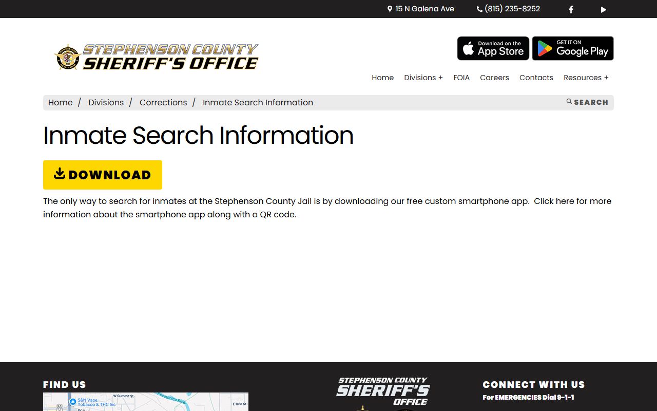 Stephenson County inmate search information page showing app download instructions