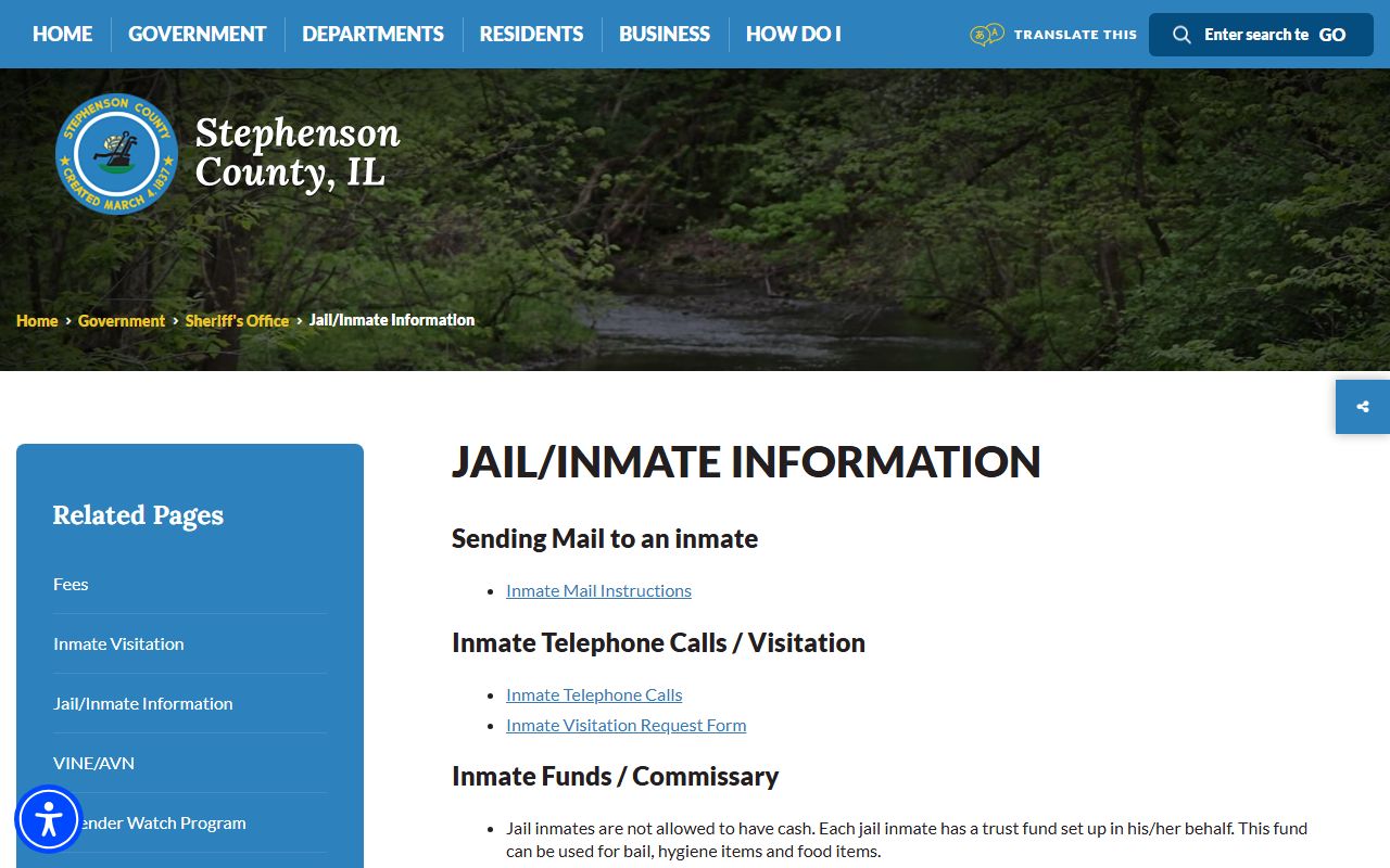 Stephenson County jail information page with booking and bail details