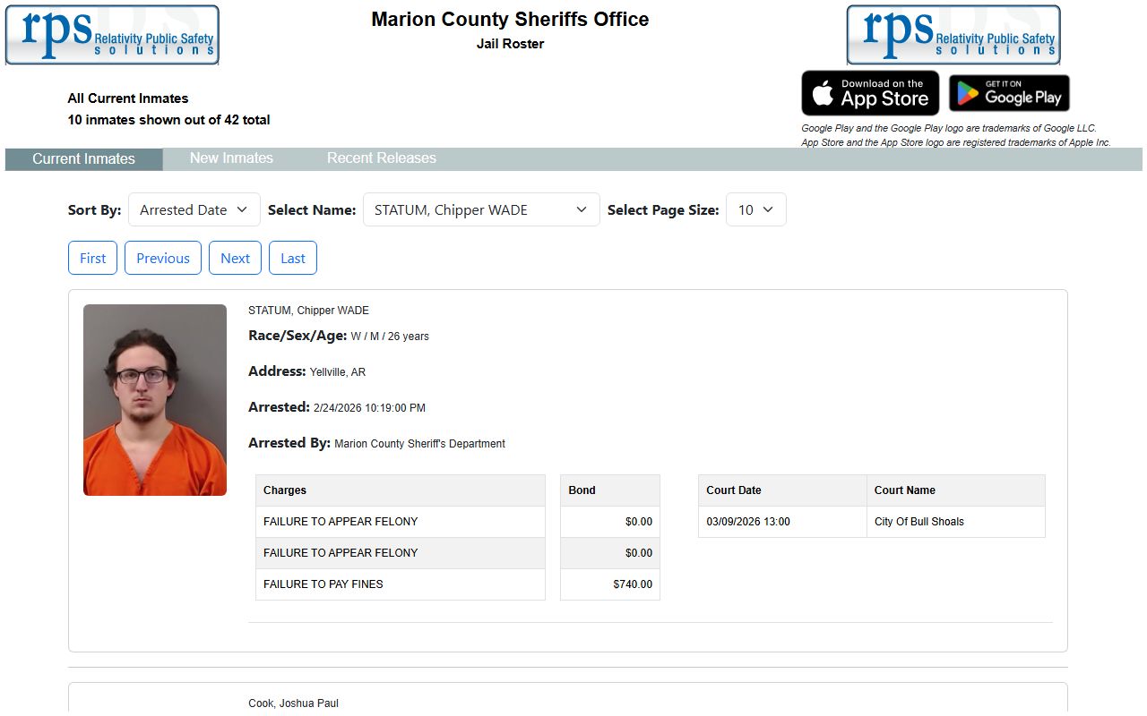Marion County jail roster showing current inmate bookings