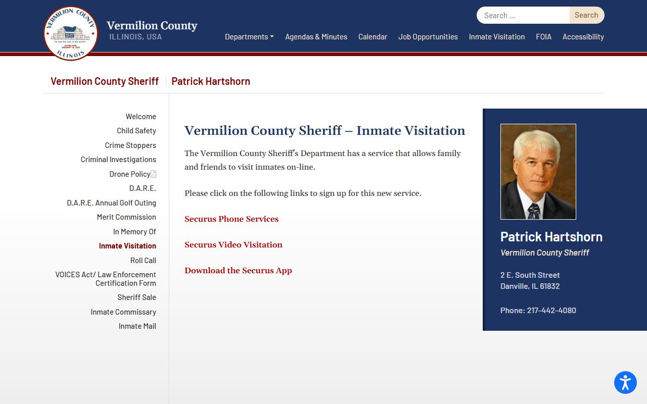 Vermilion County inmate visitation page for booked individuals