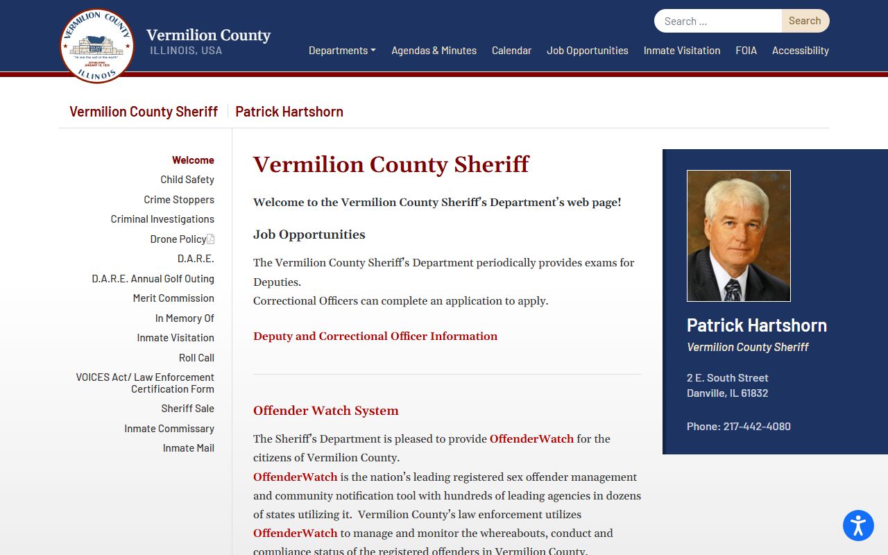 Vermilion County Sheriff's Office homepage for 24 hour booking records