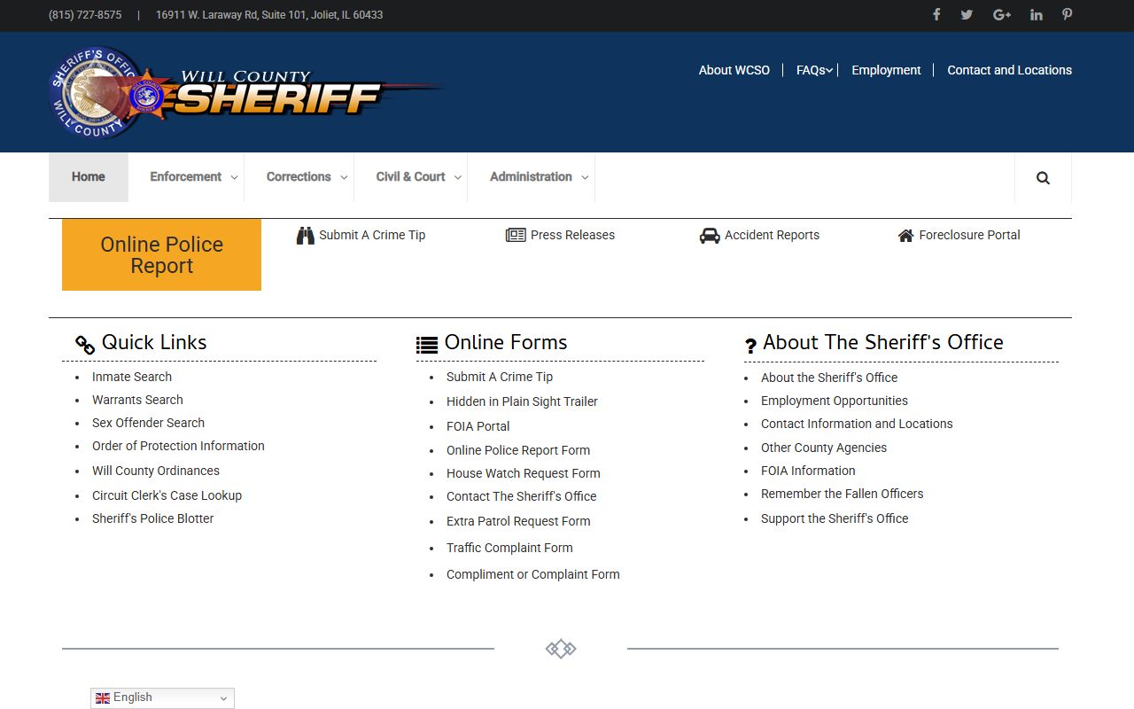 Will County Sheriff's Office homepage for 24 hour booking records