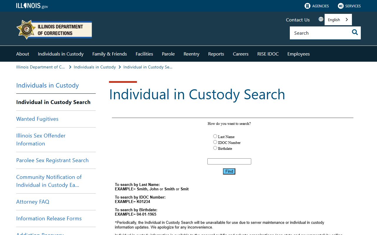 Illinois Department of Corrections inmate search for 24 hour booking records