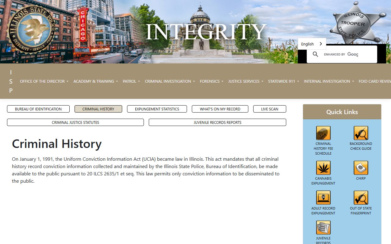 Illinois State Police Bureau of Identification portal for booking record data