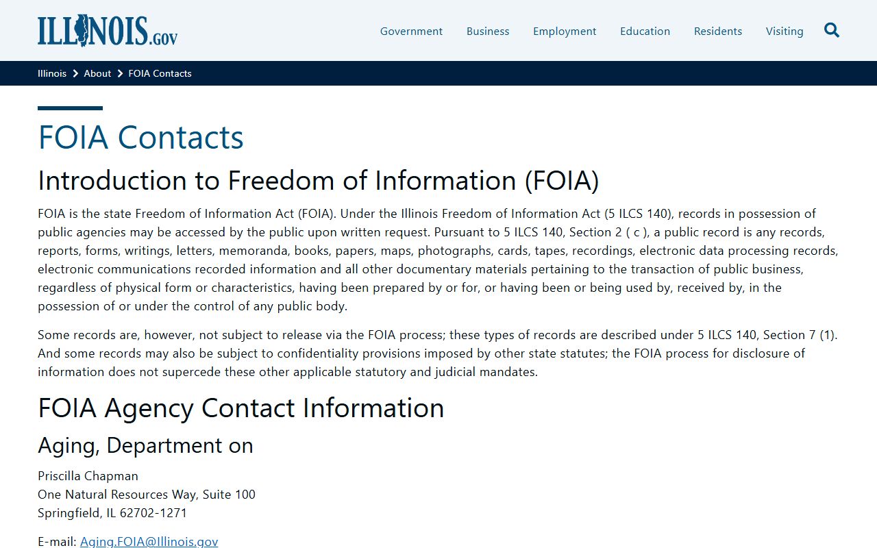 Illinois FOIA contacts page for requesting 24 hour booking records