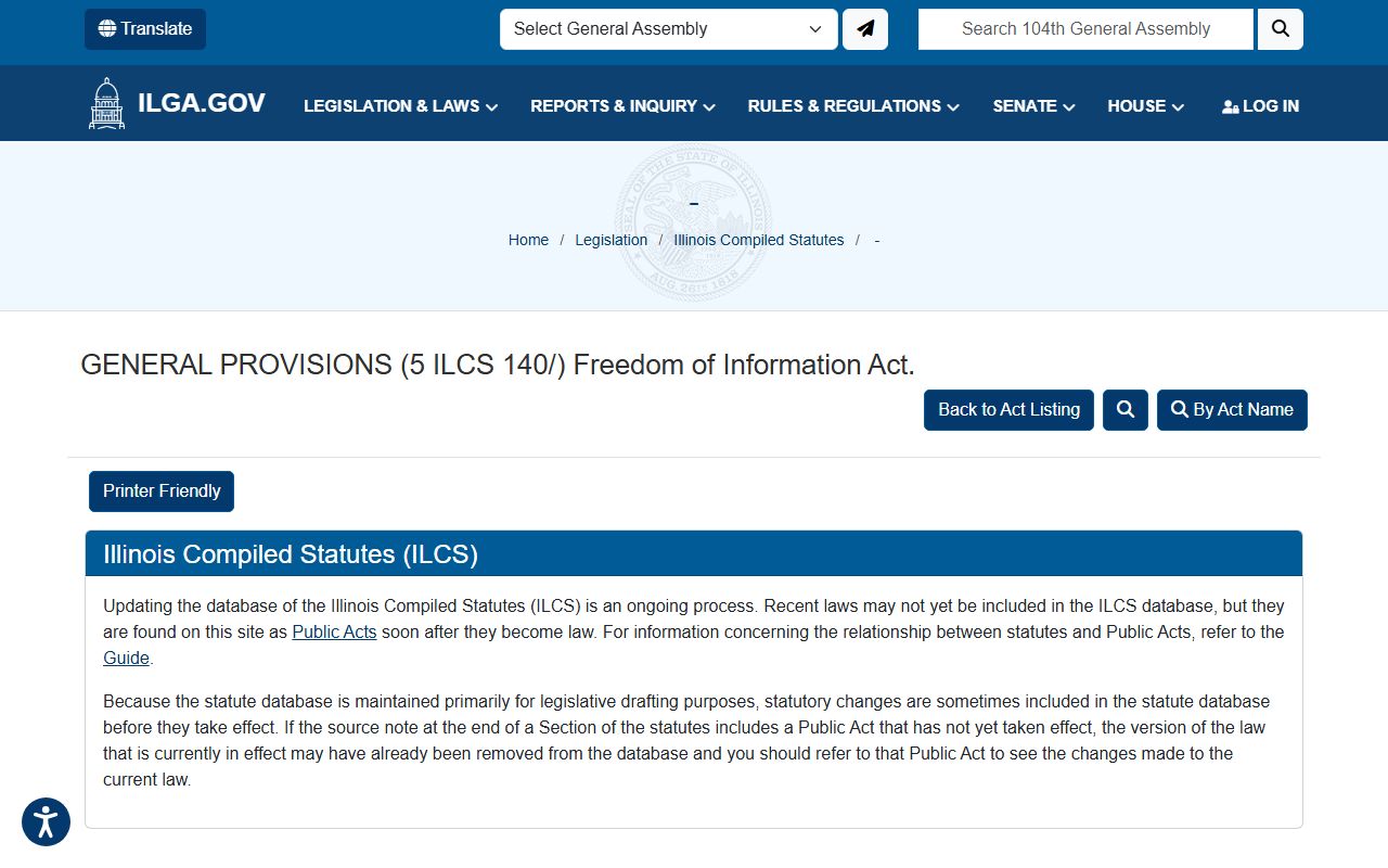 Illinois FOIA Act statute page covering 24 hour booking record access
