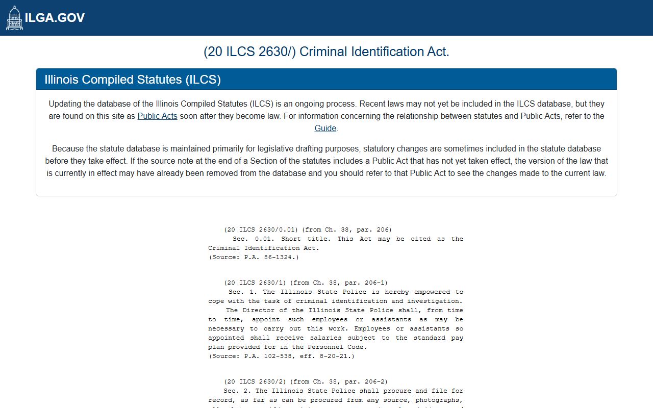 Criminal Identification Act 20 ILCS 2630 governing Illinois booking records